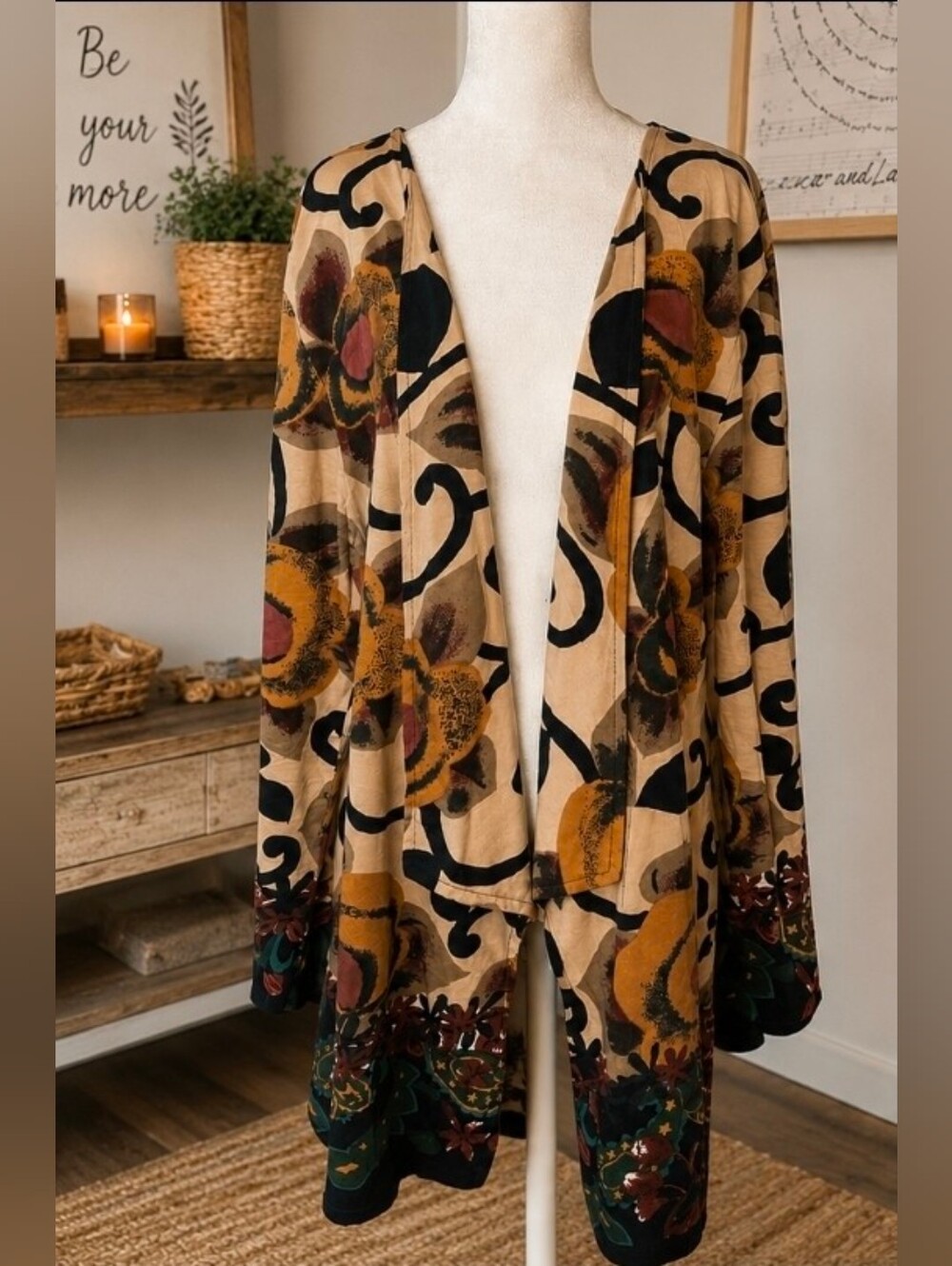 Vintage 90s Take Two India Cotton Waterfall Cardigan XL Boho Artsy Floral Duster